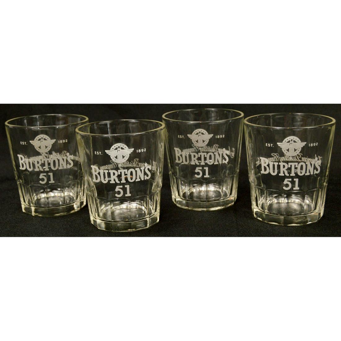4 Burton's 51 Whiskey Glasses: 4 brocks whiskey glasses, with etched name and logo for Burton's 51. All 4 in very good condition with no chips or cracks. Measure 3.5" tall, 3" diameter.