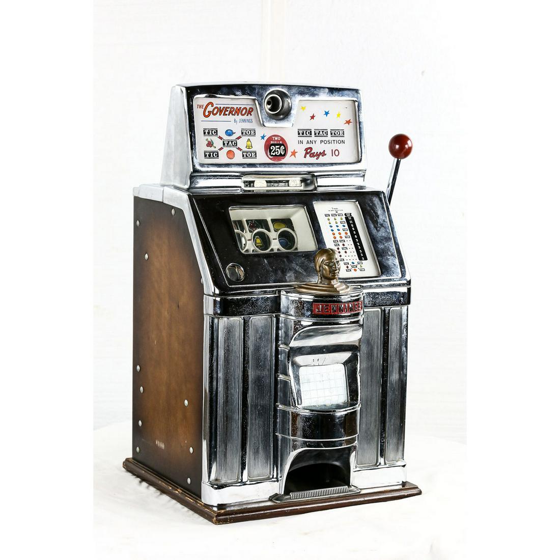 Jennings 25 Cent Governor Slot Machine: Jennings 25 Cent Governor Slot Machine, Tic-tac-toe design, working, original nice chrome, has back door.