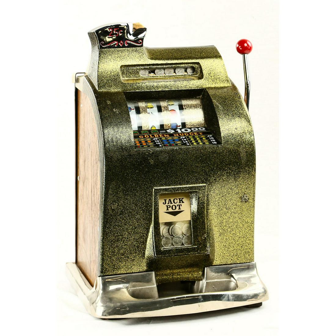Golden Nugget Coin Op 25 Cent Slot Machine: Older restoration 25 cent 3 reel mechanical slot machine. Has key but lock won't open. Machine has front jack pot. Machine does work and full of quarters. Overall good condition. Measures 16" wide, 15