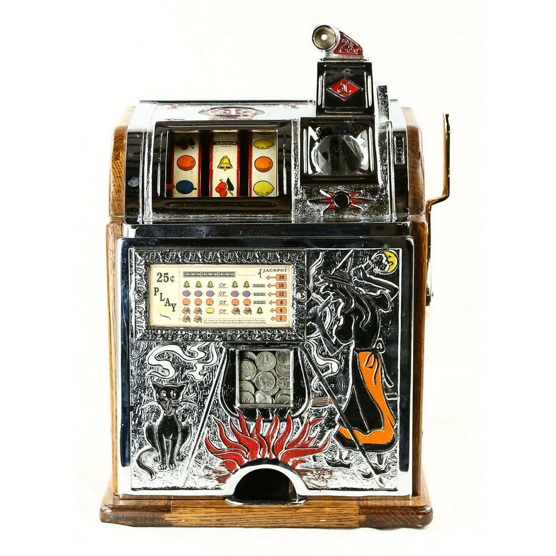 Antique Restored Jennings Wizard Slot Machine: Antique Restored Jennings Wizard 25 Cent Slot Machine, A beautiful, very colorful and eyecatching restored 25 cent slot machine manufactured by The Jennings Co, the model is called The Wizard, looks t
