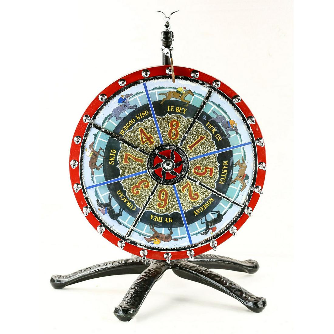 Countertop Horse Racing Gambling Wheel: Restored small countertop horse racing gambling wheel mounted on cast iron base. Comes with racing chart. Overall in very good condition. 25" wide, 25" deep, 30" high