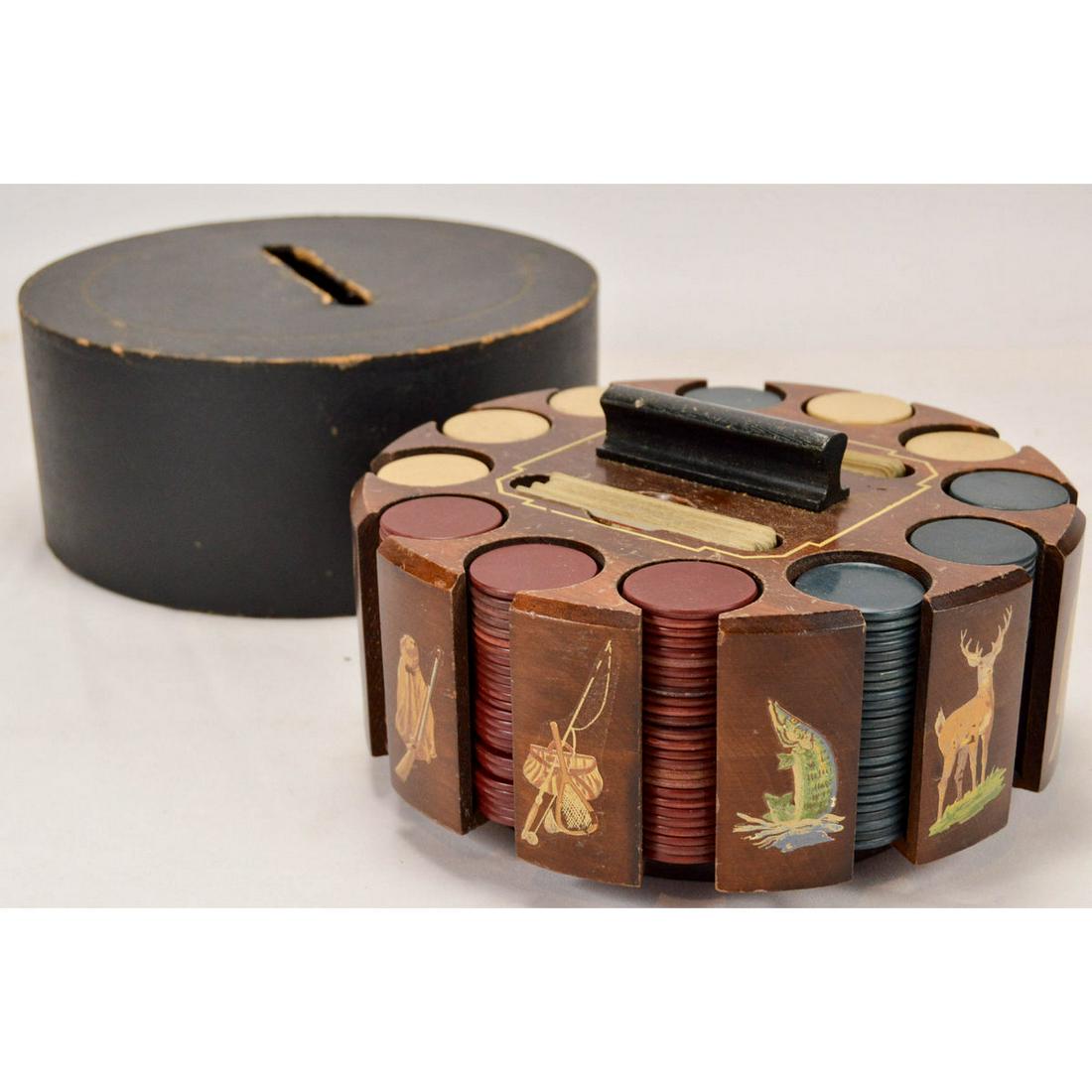 Vintage Rotating Poker Chip Display: Vintage Rotating Poker Chip Display, Vintage rotating wood poker chip and playing card display with cover, all looks to be original depicting outdoor gaming sports, such as fishing, hunting, etc., som