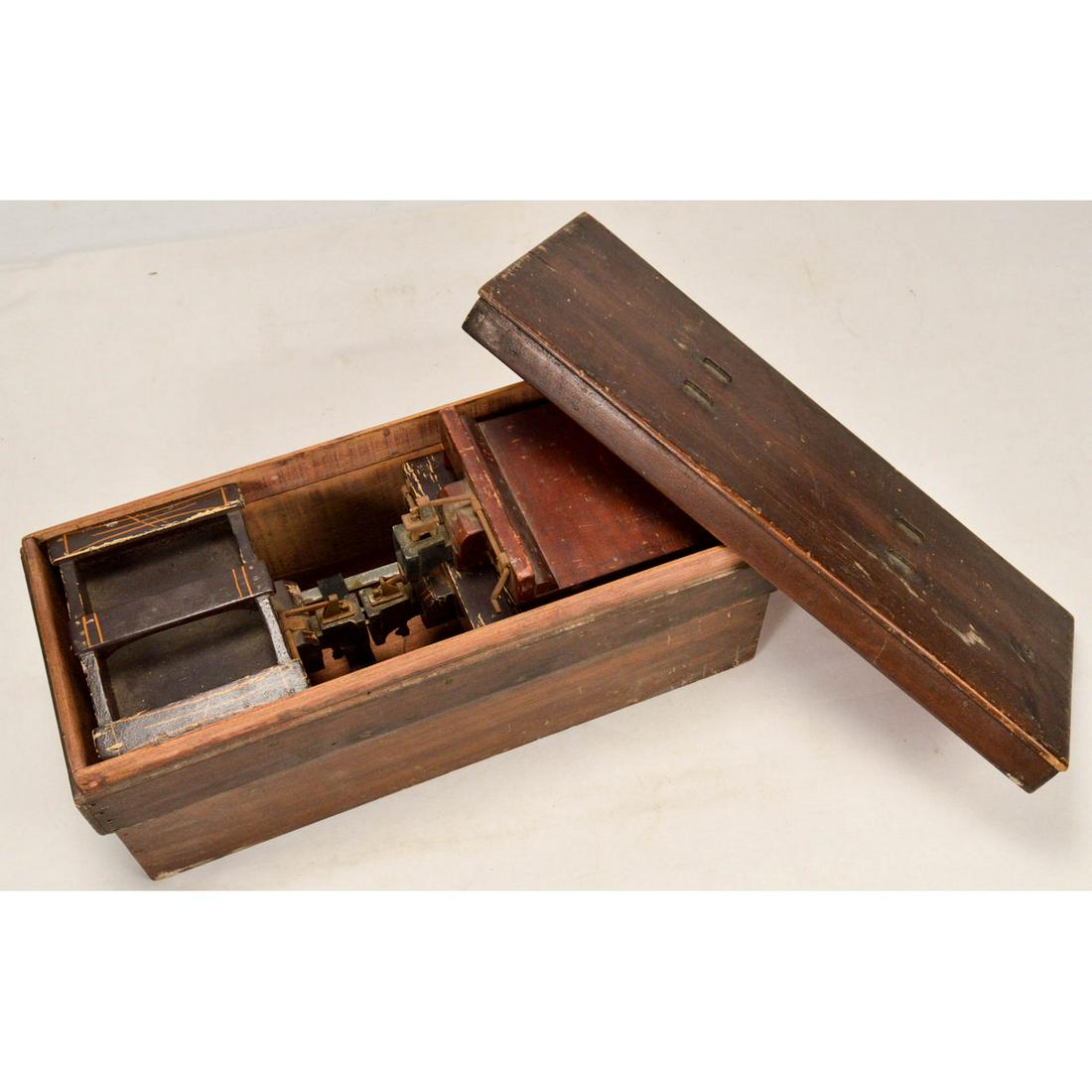 Patent Model Railroad Cars: Patent Model Railroad Cars, Showing how couplers work, original shipping crate.