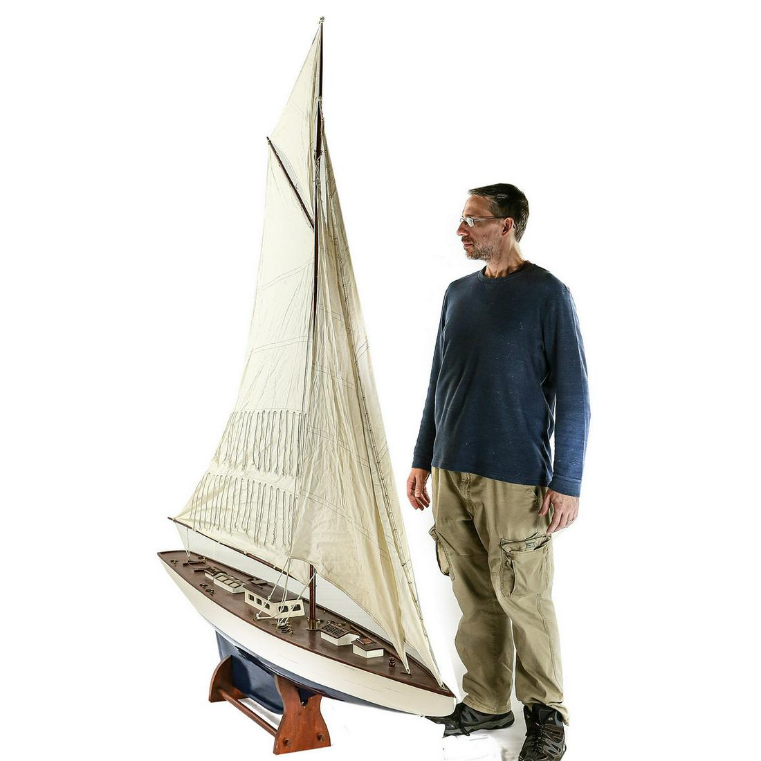 Large Model Sailboat "Columbia": Large model sailboat of 1899 America Cup winner "Columbia", large scale detailed model in very nice condition. 90" to top of mast x 75"