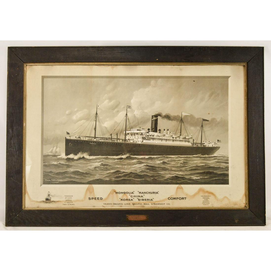 Framed Mongolia Manchuria China Korea Cruise Ship: Framed Mongolia Manchuria China Korea Cruise Ship, By artist Fred Pansing, from Pacific Mail S.S. Co, Syracuse, NY, oak frame, steamship line.