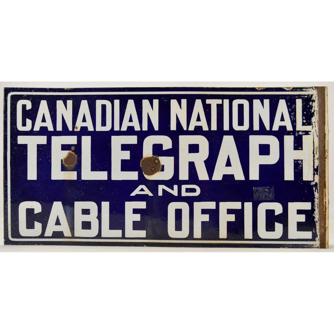 Porcelain Flange Sign For Canadian Natl Telegraph: Porcelain Flange Sign For Canadian National Telegraph And Cable Office, Manufactured around 1915, some paint loss on back, some chips.