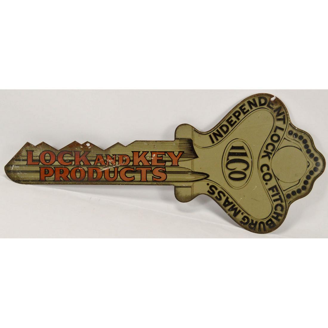Vintage Independent Lock Key Double Sided Sign: Vintage Independent Lock Co Double Sided Sign, Vintage double sided die cut in the shape of a key sign, nicely detailed, colors are bright, has some fine scuffs and scratches, some small damage around