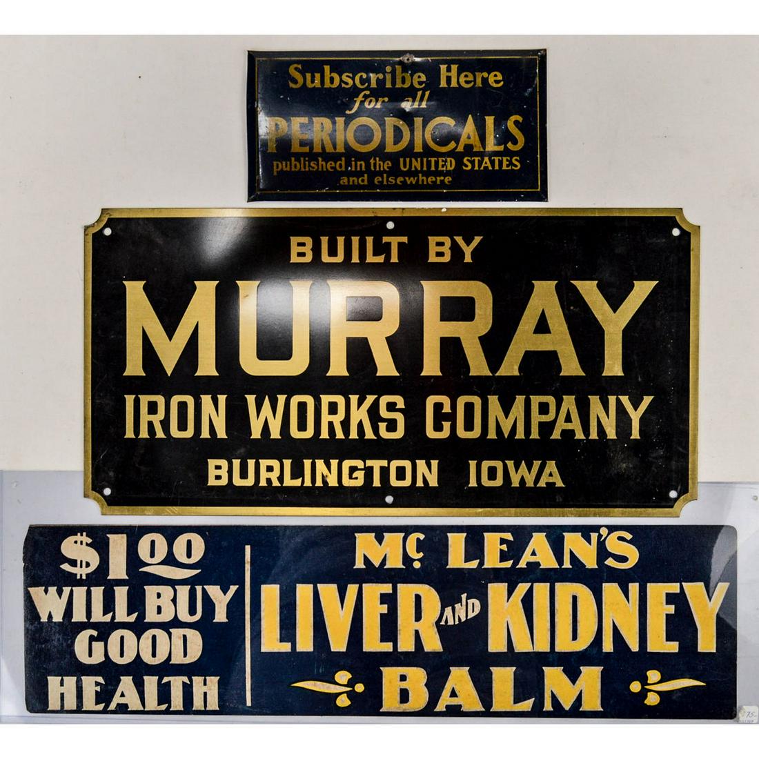 Lot of 3 Vintage Advertising Signs: Lot of 3 Vintage Advertising Signs, Lot of 3 vintage advertising signs, first metal over cardboard periodicals sign, a few small dings, some minor scuffs, scratches and a few small paint chips, overal
