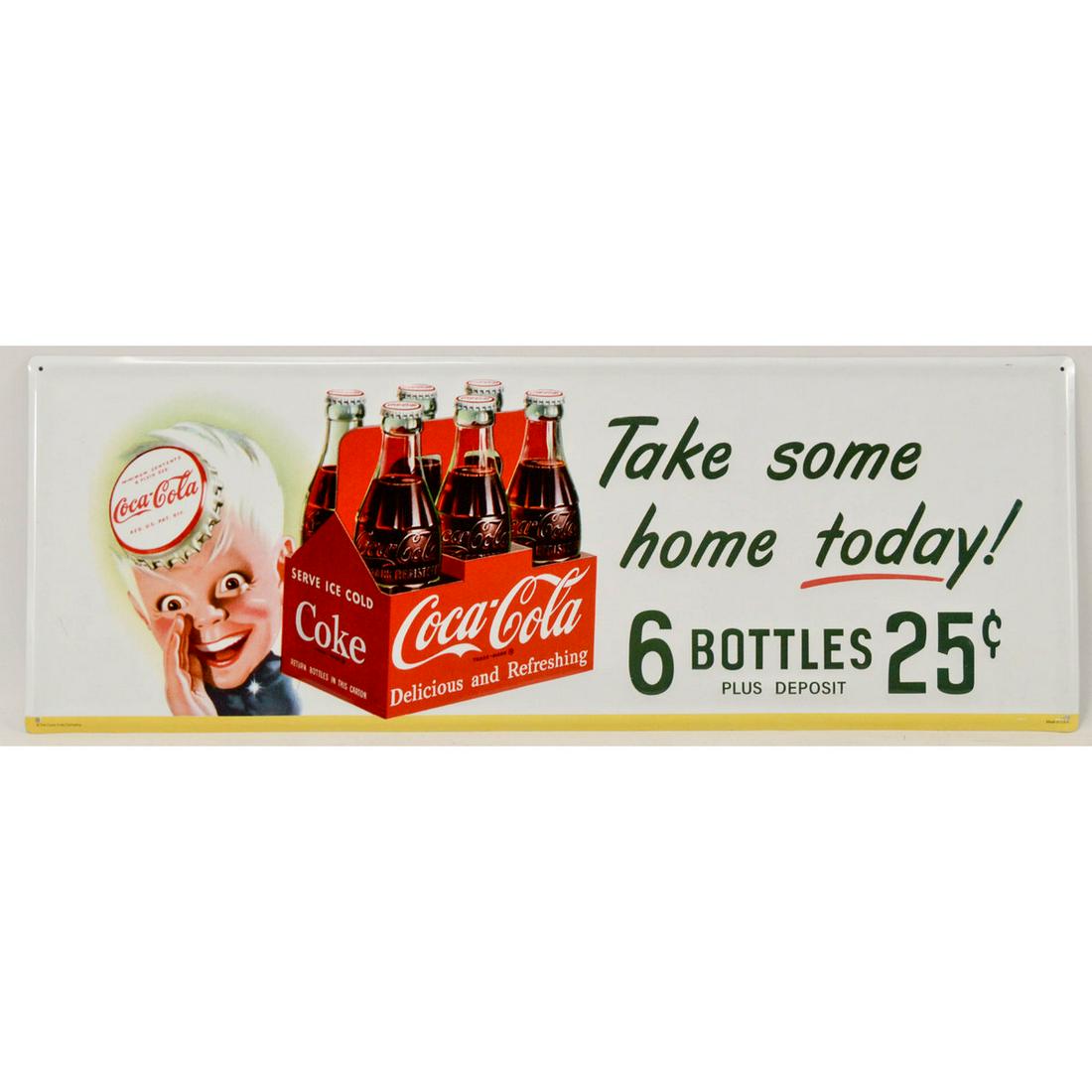 Coca-Cola Sign Take Some Home Today Six Pack: Coca-Cola Sign Take Some Home Today Six Pack, Metal sign, sprite boy and six pack, modern reissue. 28" x 10"