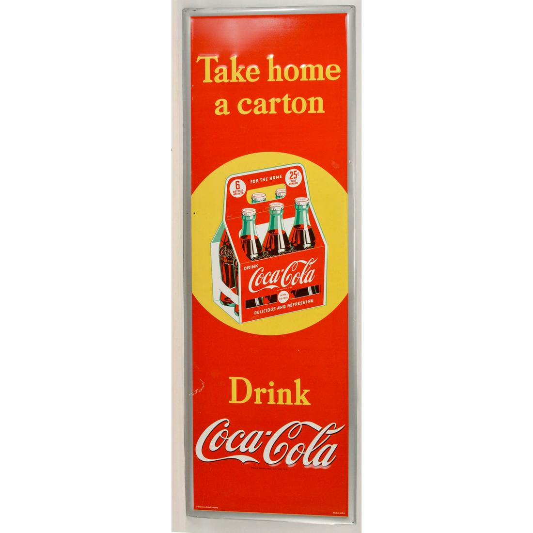 Coca-Cola Sign Take Home A Carton: Coca-Cola Sign Take Home A Carton metal sign, Modern reissue by Stout Sign Company Saint Louis. 18" x 54"