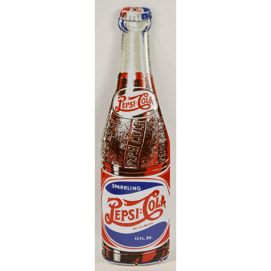 Pepsi Bottle Sign: Pepsi Cola Bottle Sign, New old stock, AMD Co, Made in U.S.A, Modern 2012 die cut tin. 6" x 21.5"
