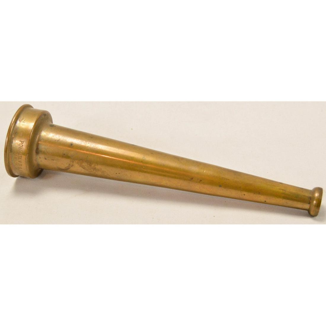 Brass Fire Hose Nozzle: Brass Fire Hose Nozzle Mfg. by Powhatan B&I Works. Ranson West Virginia For 2" line or tip for larger nozzle. Measures 10" long - overall very good condition