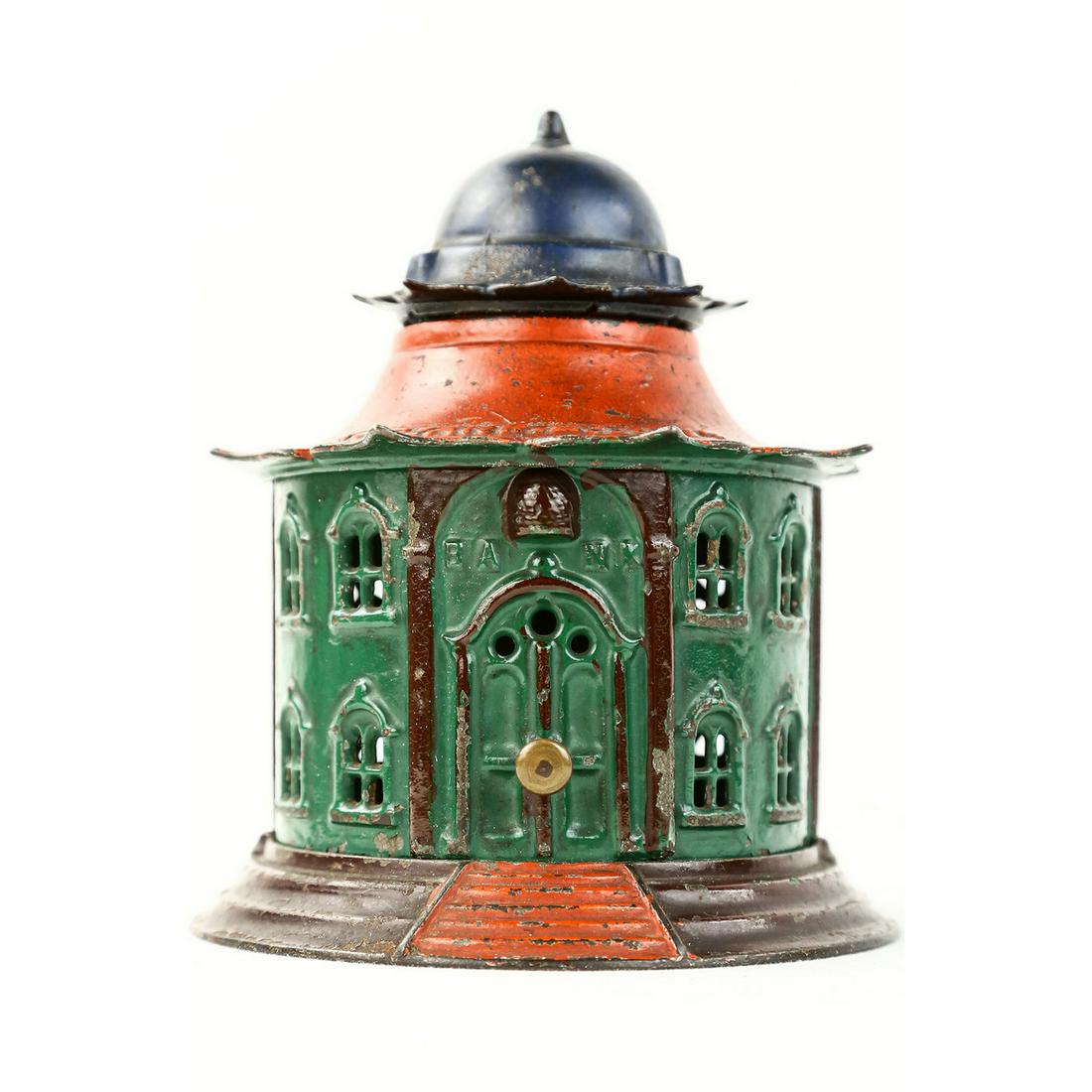 J & E Stevens Co Cupola CI Mechanical Bank: Rare! 1874 J. & E. Stevens Co., cast iron, Cupola mechanical bank, works, some touch up paint. Bottom base approx 5 13/16" Please note: A signed COA guaranteeing that this mechanical bank is authentic