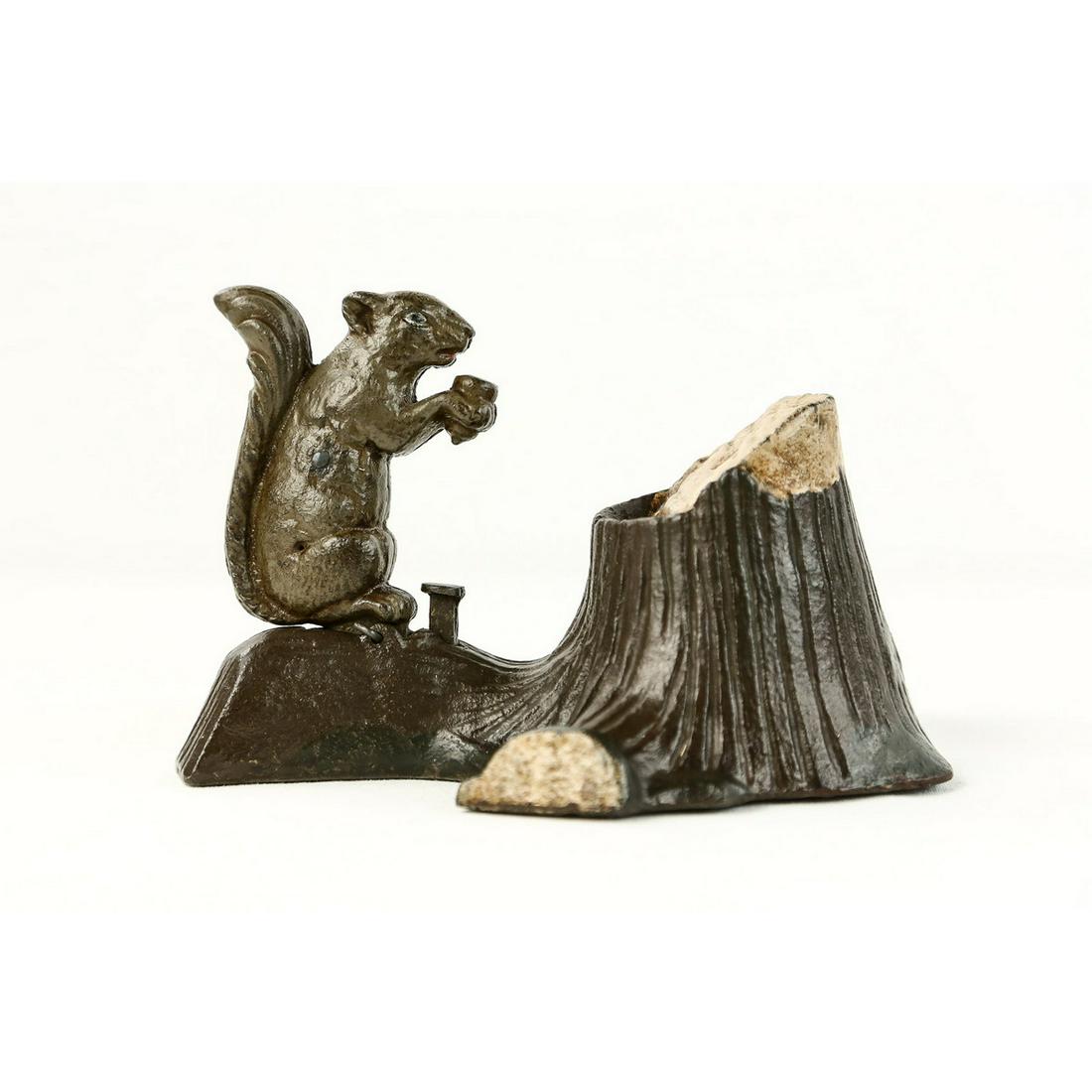 MNW Squirrel & Tree Stump CI Mechanical Bank: 1881Squirrel and Tree Stump mechanical bank, made by Mechanical Novelty Works, cast iron, works, professional repaint. Bottom base approx 6 13/16" x 4" Please note: A signed COA guaranteeing that this