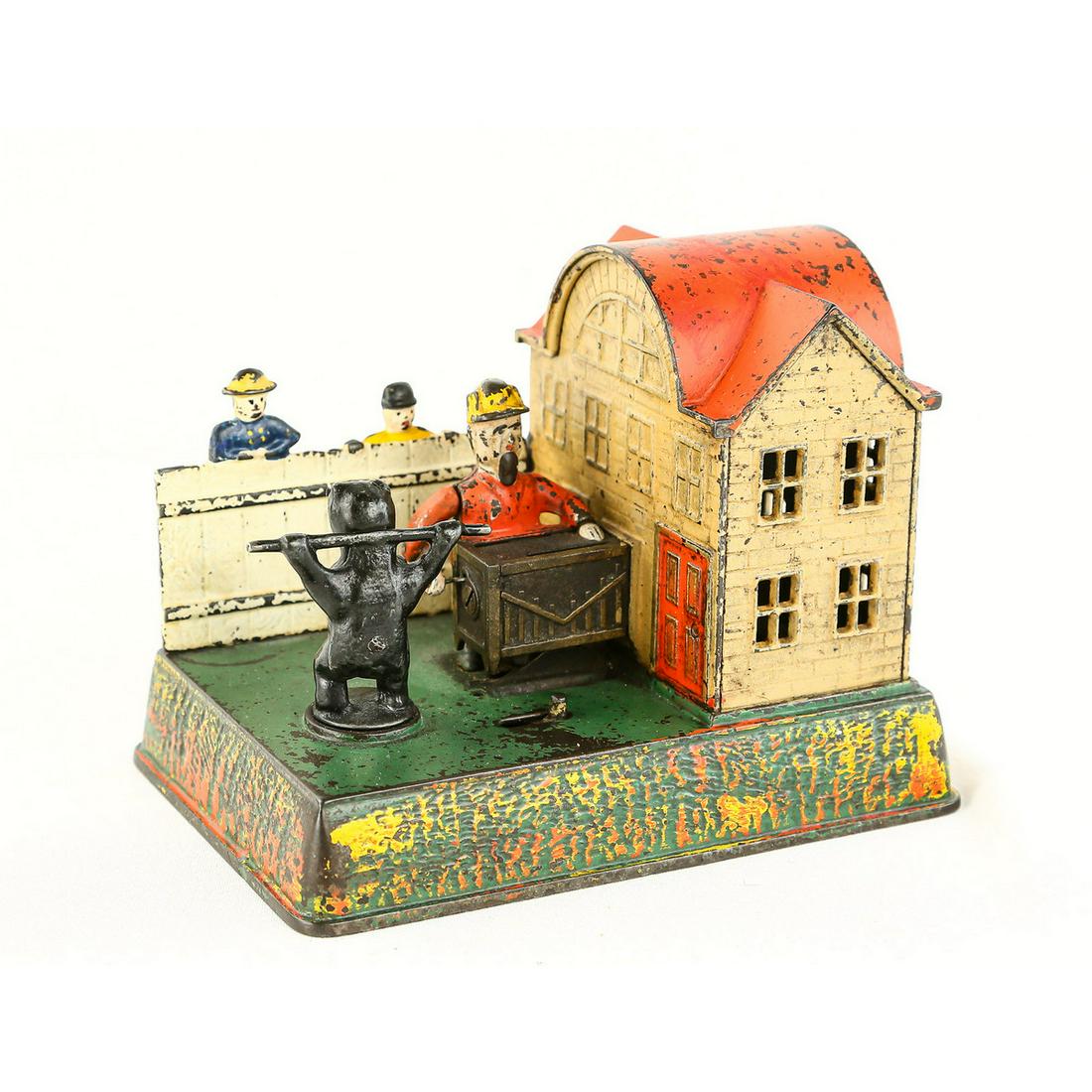 Kyser & Rex Organ Grinder CI Mechanical Bank: Rare 1882 Kyser & Rex Co, cast iron, organ grinder and performing bear mechanical bank, has key, professional paint touch up, works. Bottom base approx 4 3/4" x 6 15/16" Please note: A signed COA guar