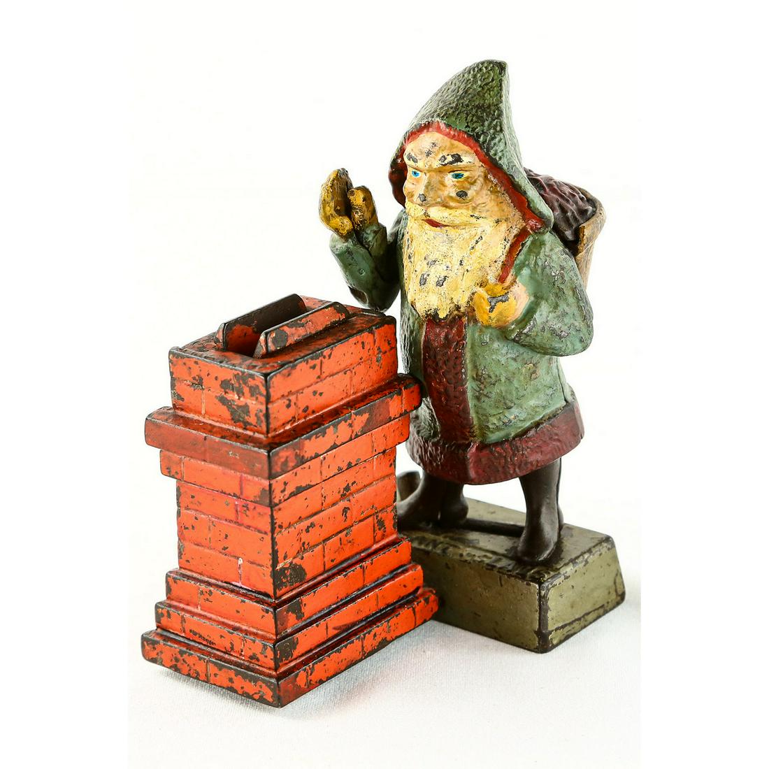 Shepard Hardware Santa Claus CI Mechanical Bank: 1889 Shepard Hardware Co., cast iron, Santa Claus mechanical bank, professionally repainted, works. Bottom base approx 3 1/8" x 4 1/4" Please note: A signed COA guaranteeing that this mechanical bank