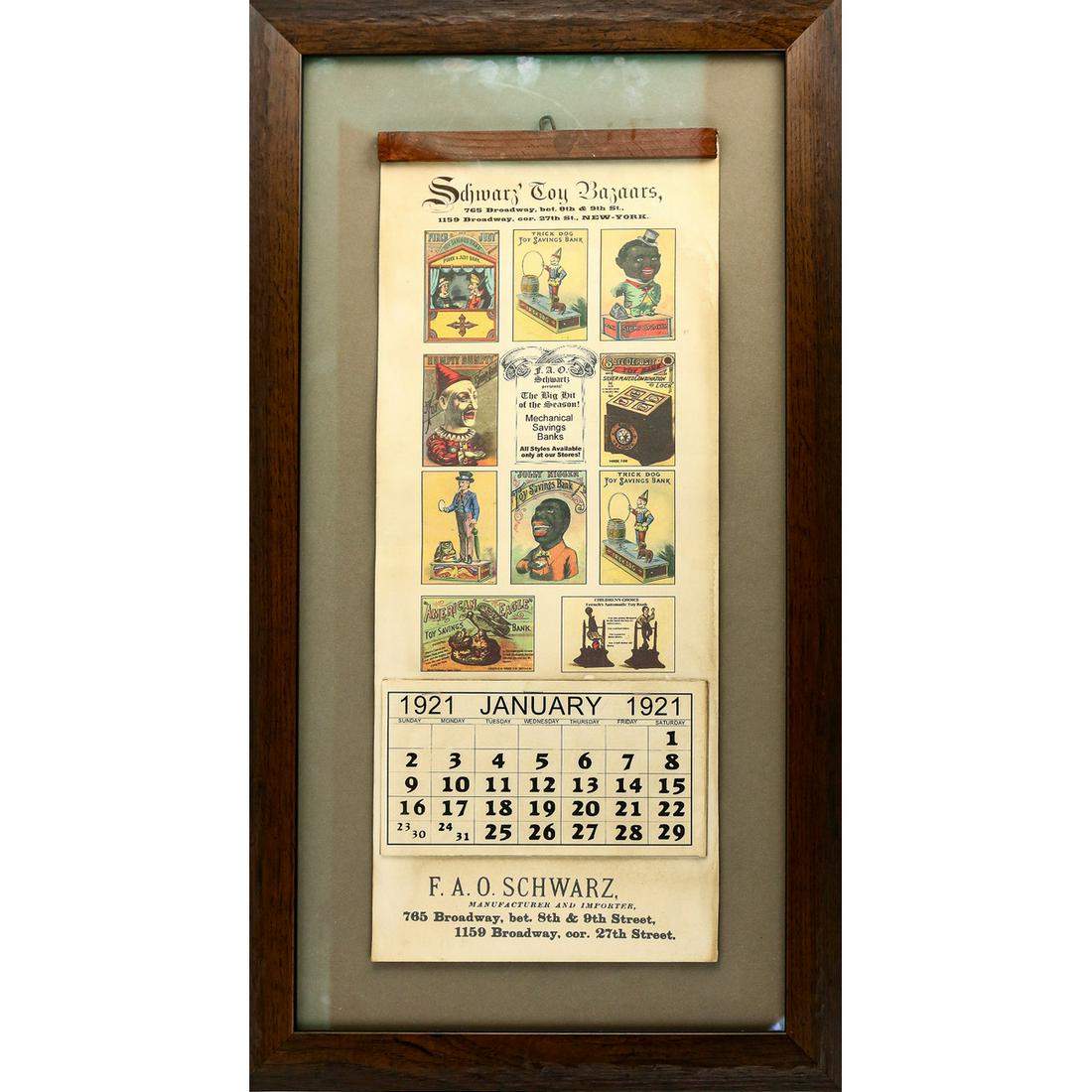1921 FAO Schwarz Mechanical Bank Paper Calendar: Extremely rare paper bank calendar picturing the American eagle, Uncle Sam, Punch and Judy, and includes a Black Americana. Original wood hanger, no edge tearing or rips, not faded, with good color an