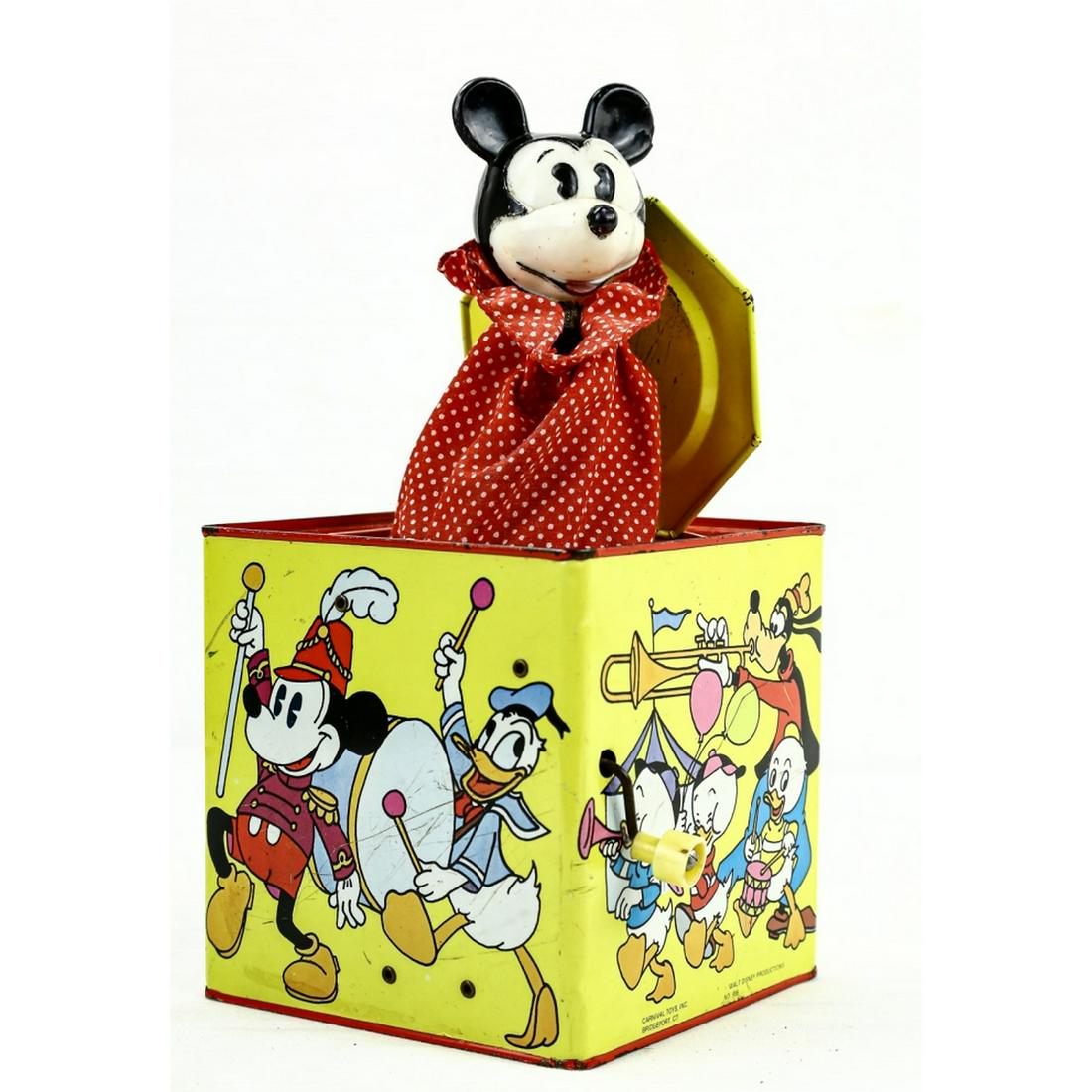 Mickey Mouse Jack in the Box Carnival Toys: Made in the USA. Does not work. See photos. Measures 5.75" x 5.75" x 5.75".