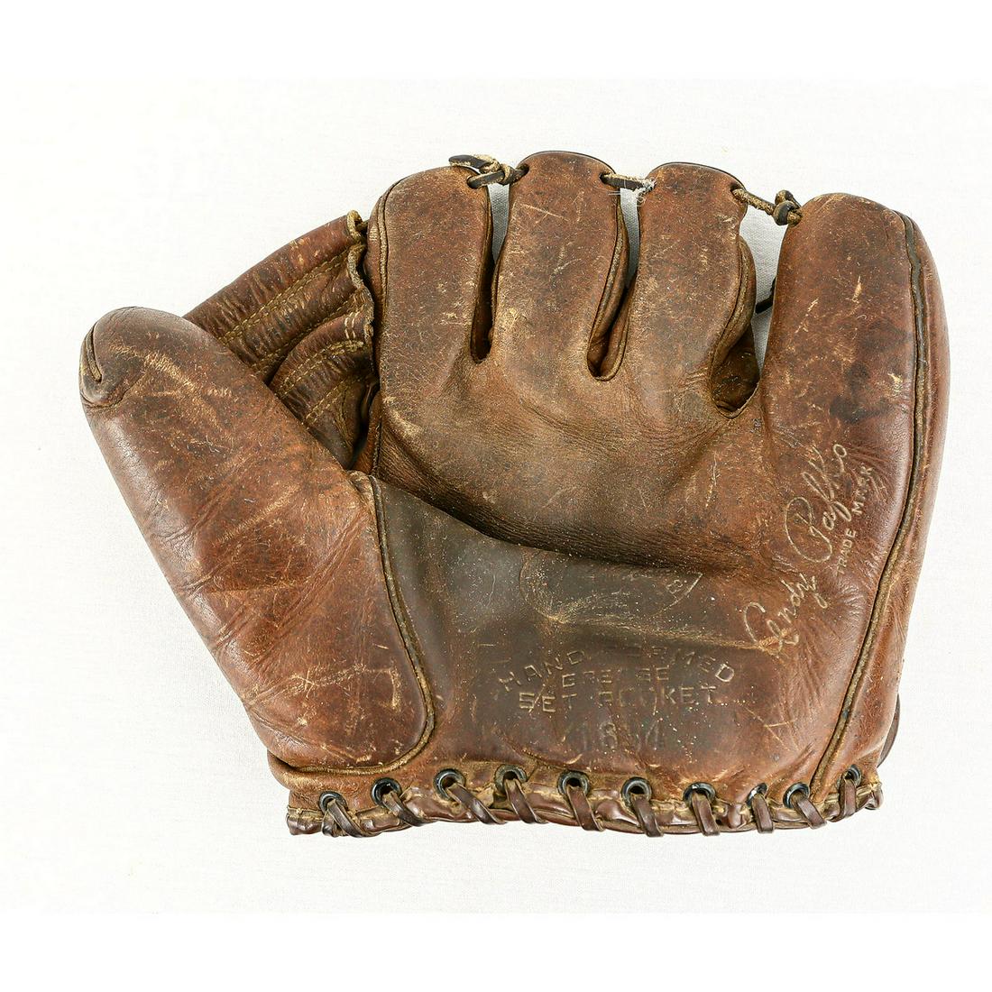 JC Higgins Andy Pafko Baseball Glove: JC Higgins Andy Pafko 1950s Leather Baseball Glove, left-handed, in solid but worn condition, stamped Hand Formed Grease Set Pocket 1634. Approximately 10 1/4" x 8 1/4". See photos.
