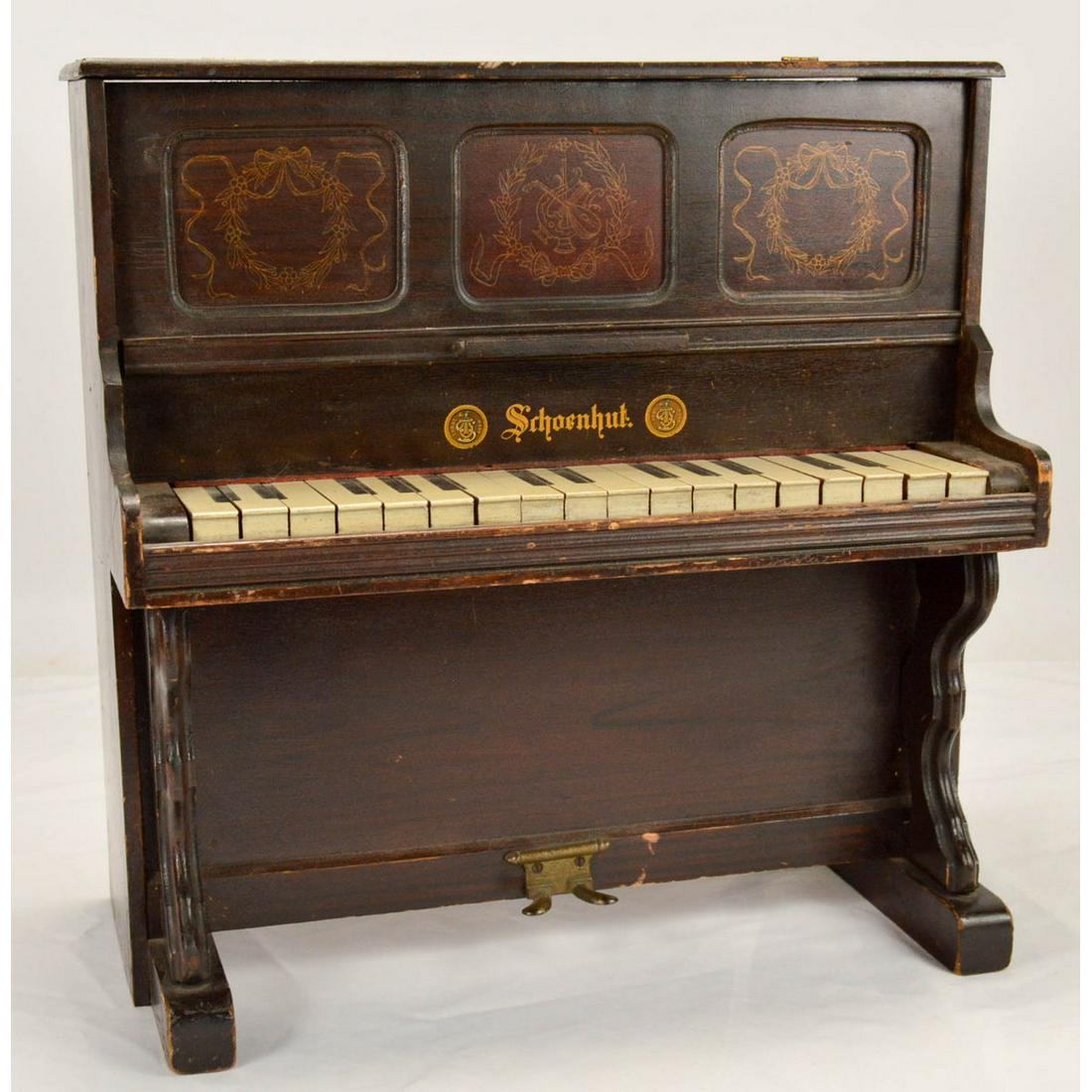 Vintage Early All Wood Child's 18 Key Piano: Vintage Early All Wood Child's 18 Key Piano Shoenhut, Early, more ornate than the latter ones, child's toy piano, all wood including keys, has some edge wear to finish, some light scuffs and scratches