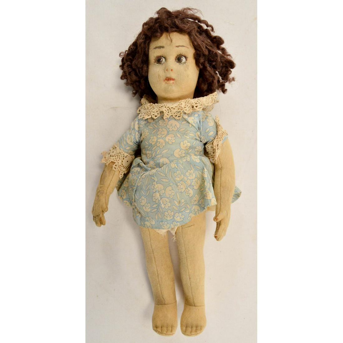 Lenci Felt 12.5" Doll: All felt doll. 12.5" tall. Maker presumed Lenci. Painted features. Mohair wig. Replaced clothing. Poor condition overall due to color fading and general wear.