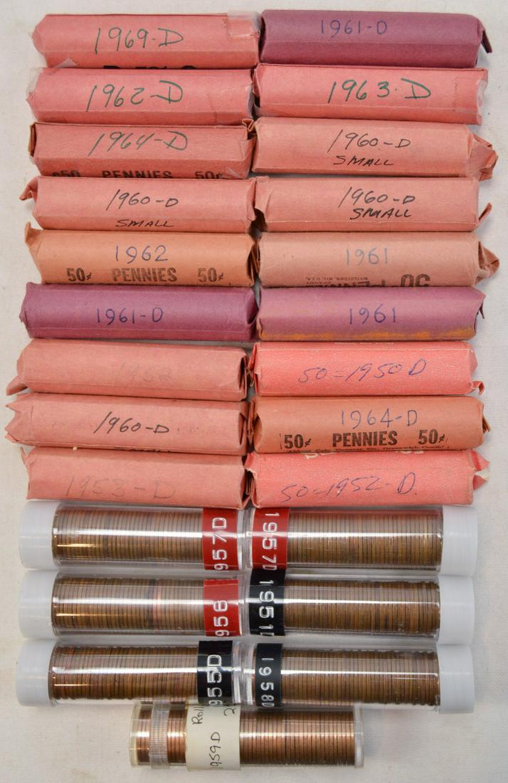 Lot of 25 Rolls of Pennies 1950-1969: Lot of 25 rolls of 50 pennies, includes 1950D, 1951D, 1952, 1952D, three 1953D, 1955D, 1956, two 1957D, 1958D, 1959D, four 1960D, two 1961, two 1961D, 1962, 1962D, 1963D, two 1964D 1969D. Rolls are bo