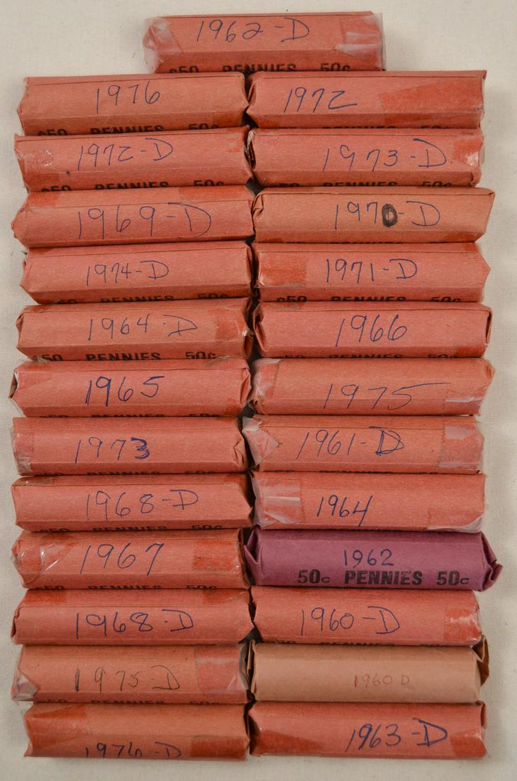 Lot of 25 Rolls of Pennies 1960-1976: Lot of 25 rolls of 50 pennies from the years 1960-1976. Years 1960, 1962, 1964, 1968, 1972, 1973, 1975 and 1976 have 2 of each year. Most are marked D. Rolls are unopened. See photos.