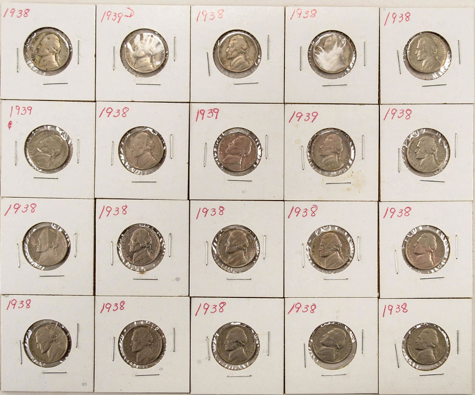 Lot of 20 Carded Jefferson Nickels 1939 & 1938 (1 of 2)
