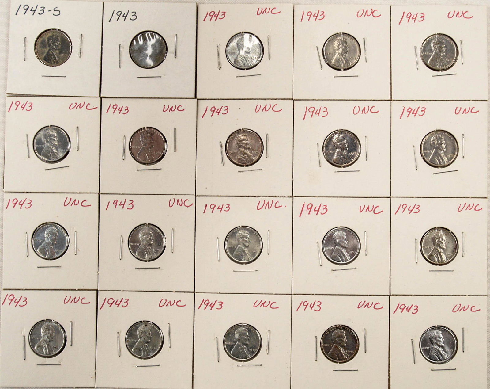 Lot of 20 Carded 1943 Steel War Pennies: 20 carded and labeled 1943 pennies. See photos.