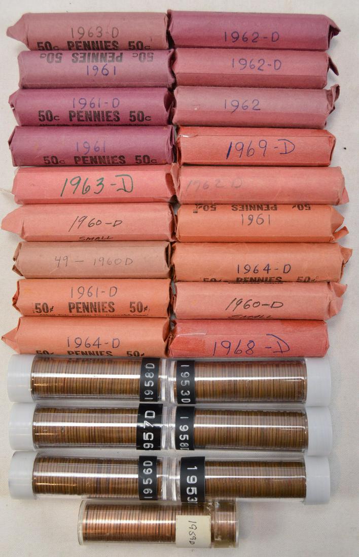 Lot of 25 Rolls of Pennies 1953-1969: Lot of 25 rolls of 50 pennies, includes two 1953D, 1956D, 1957D, two 1958D, 1959D, three 1960D, three 1961, two 1961D, 1962, three 1962D, two 1963D, two 1964D, 1968D, 1969D. Rolls are both plastic and