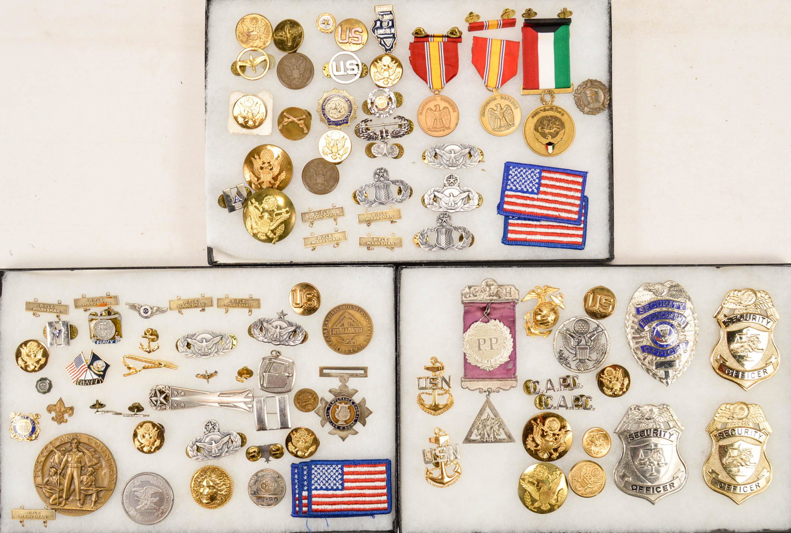 Lot Of 3 Framed Military Medals And Pins: Lot Of 3 Framed Military Medals And Pins, 3 cases with velvet lining, includes military police badges, with 11 military wings, military pins, including US navy, 75 pieces in total. See photos for deta