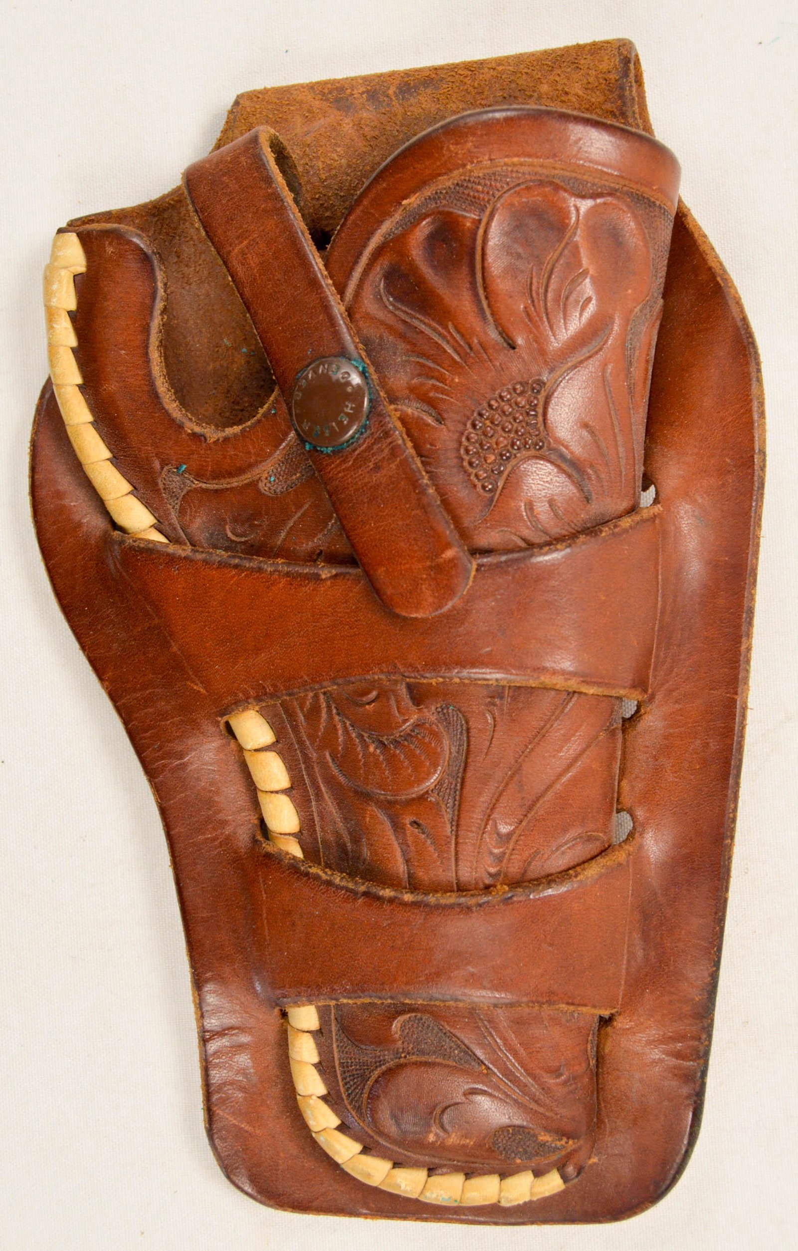 VL&A Western Holster: VL&A Western Holster, stamped VL&A on back, has a Heiser snap cover, hand tooled double loop design, very good condition.