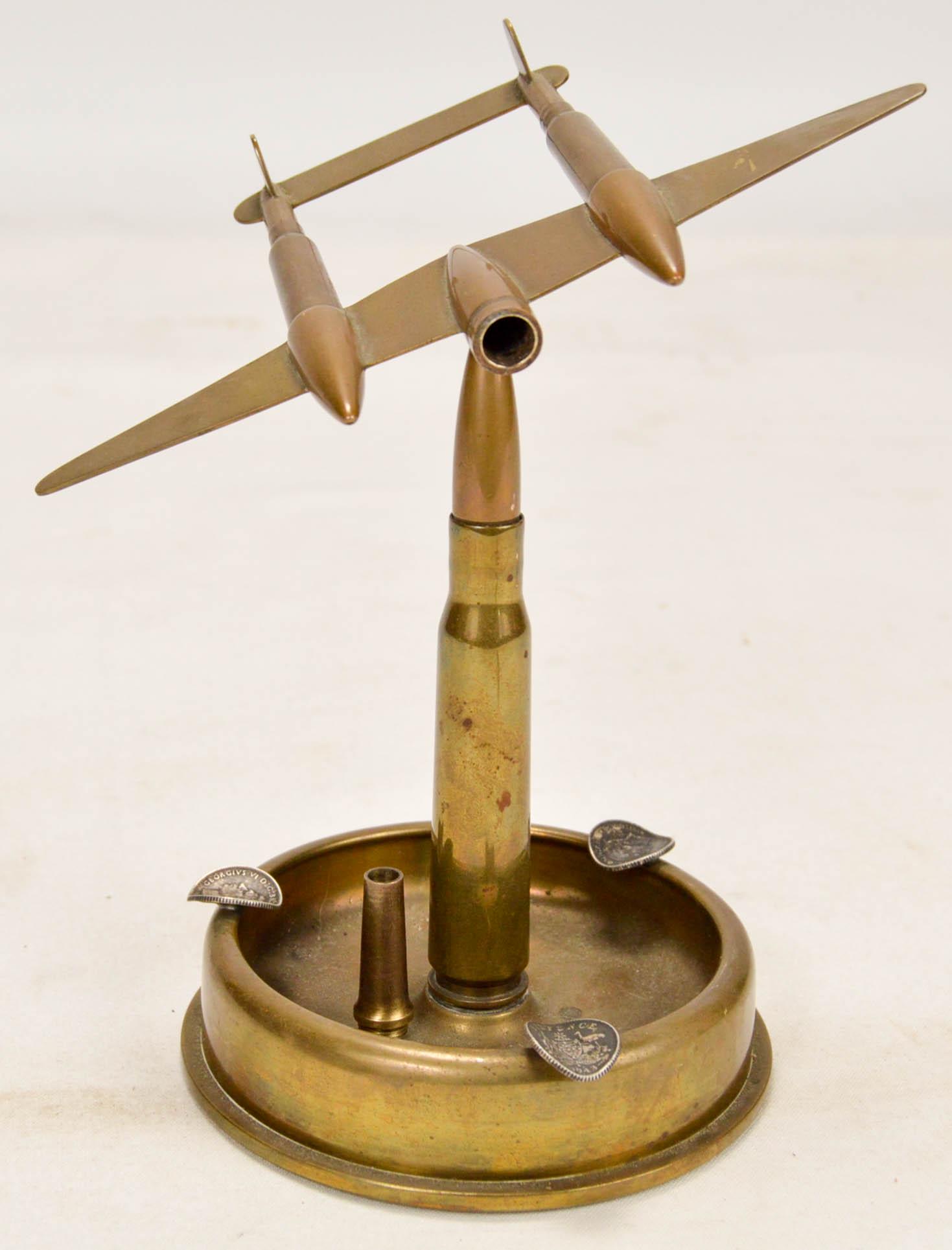 DEC World War II Trench Art Ash Tray: DEC World War II Trench Art Ash Tray, With brass shells and 3 silver 6 pence coins for cigarette holders.