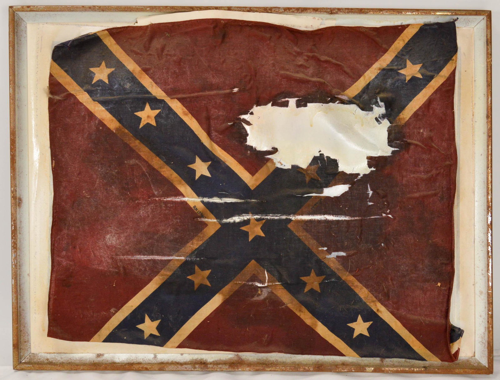 Framed Confederate Flag: Framed Confederate Flag. Decoupaged onto frame. In poor condition with heavy cracking and missing pieces. See photos. Rusted frame is 18.5" x 25".