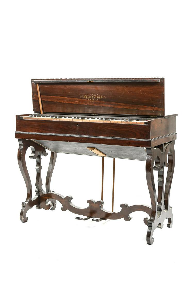 1860's Mason & Hamlin 5 Octave Portable Melodeon: Mason & Hamlin, Boston Mass. portable melodeon in rosewood cabinet. 5 Octave scale with all keys in good shape. Has been rebuilt at some time. Plays well. rosewood cabinet has great original finish. C