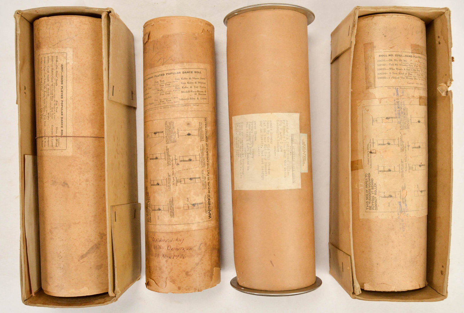 Lot of 4 Mills Violano Piano Rolls: Roll # 2392, 2297, 2471, 2480. Average condition. See photos.