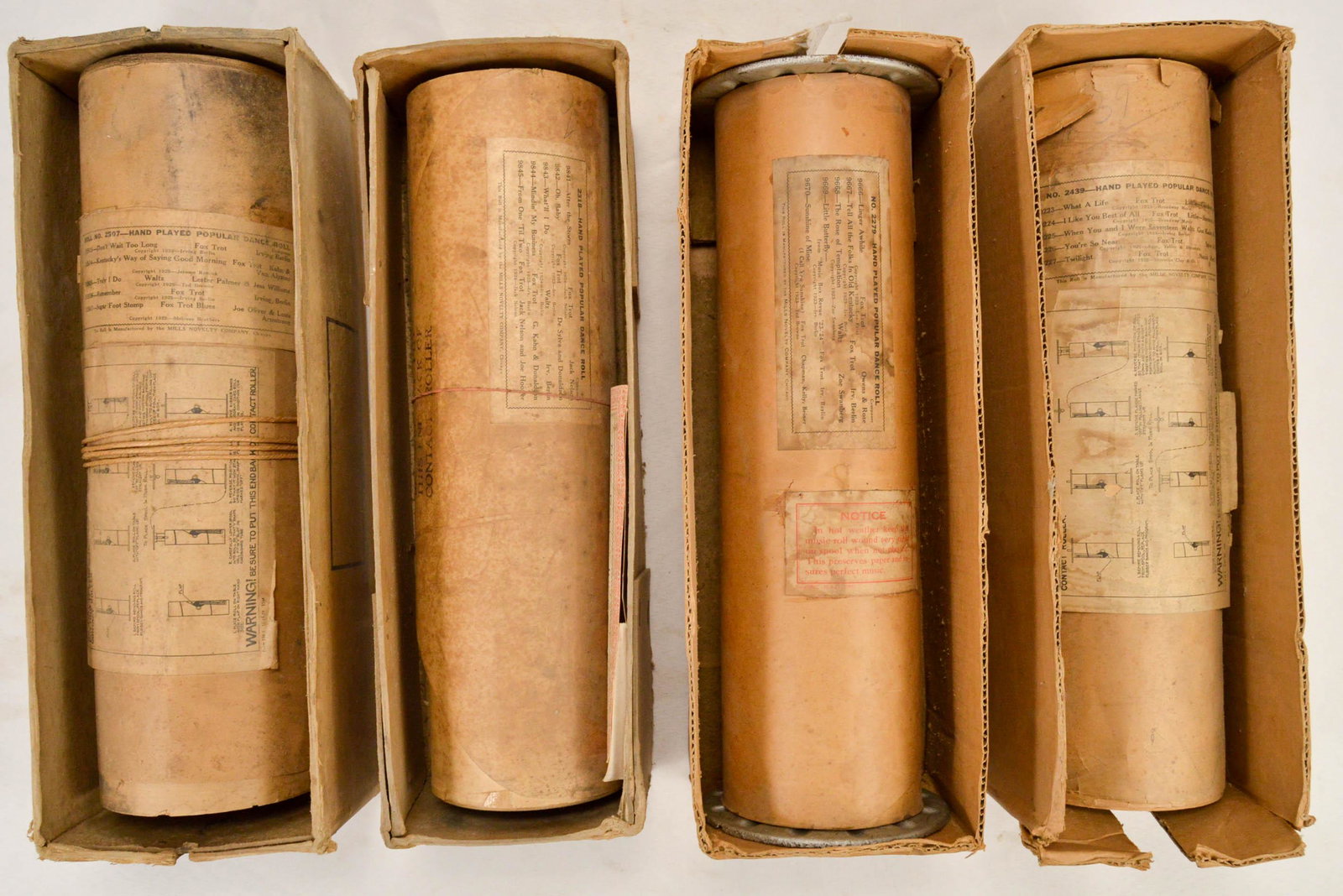 Lot of 4 Mills Violano Piano Rolls: Roll # 2318, 2507, 2439, 2279. Average condition. See photos.