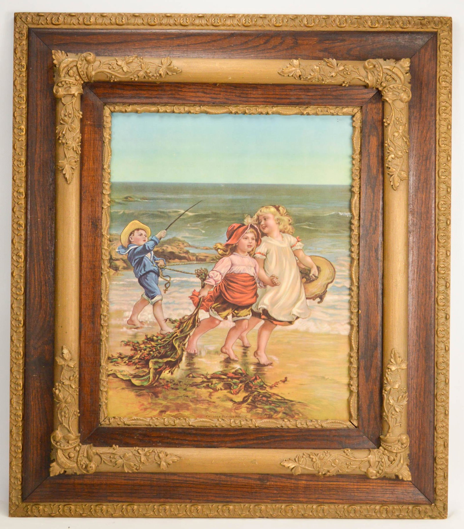 Chromo Lithograph of Children by Beach: Chromo Lithograph of Children by Beach