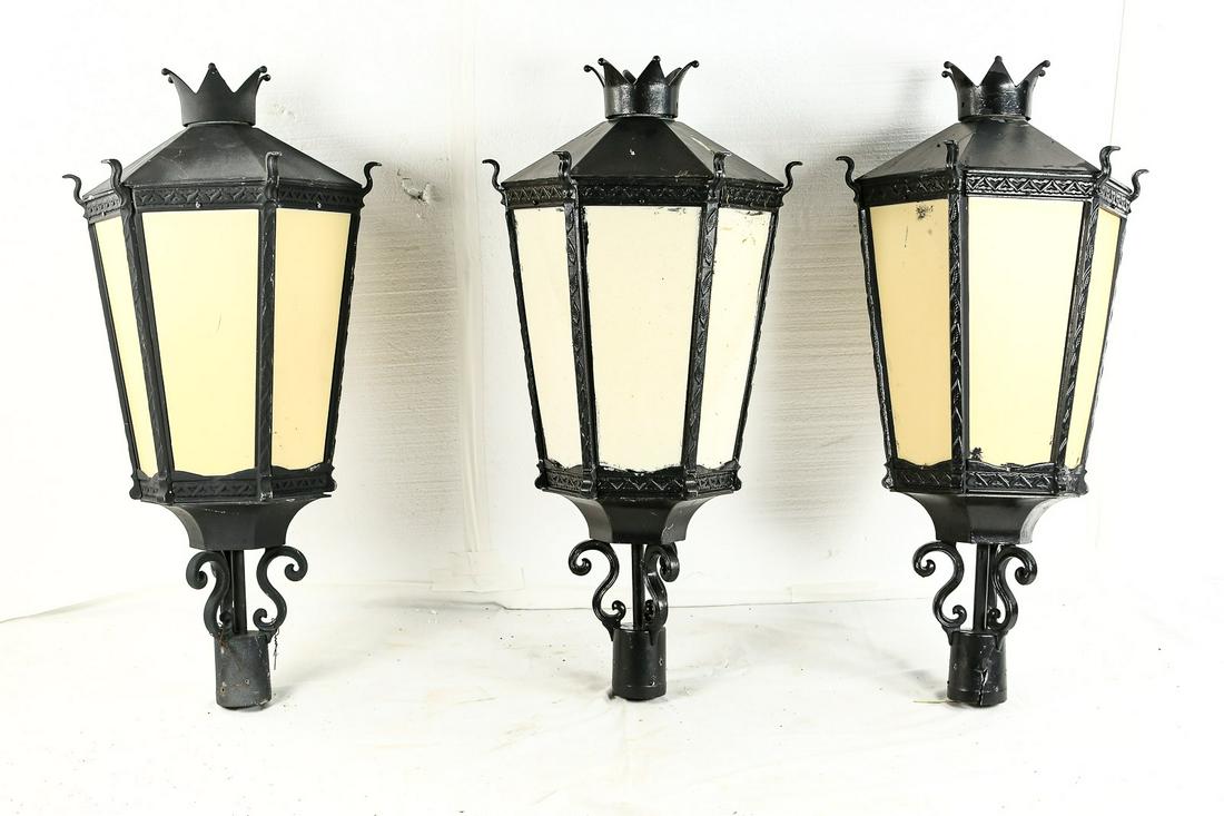 3 Large Contemp Cast Iron Street Light Shades: Lot of 3 large cast metal 6 sided street light shades, the lamp fitter will accept up to a 3 1/4" diameter pole, lenses are plastic and easily reproduced, the fitter on one shade is cracked and needs 