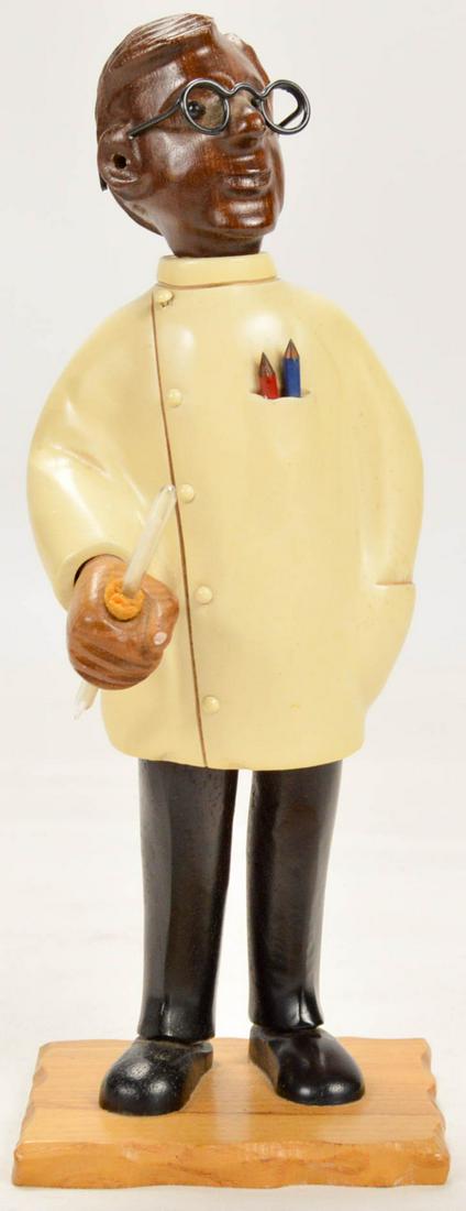 Vntg Hand Carved/Refnshd Wood Doctor Figure Decor: A masterfully hand carved wood figure of an early doctor holding a glass thermometer and pencils in coat pocket Very good condition. 11" high 3-3/4" wide