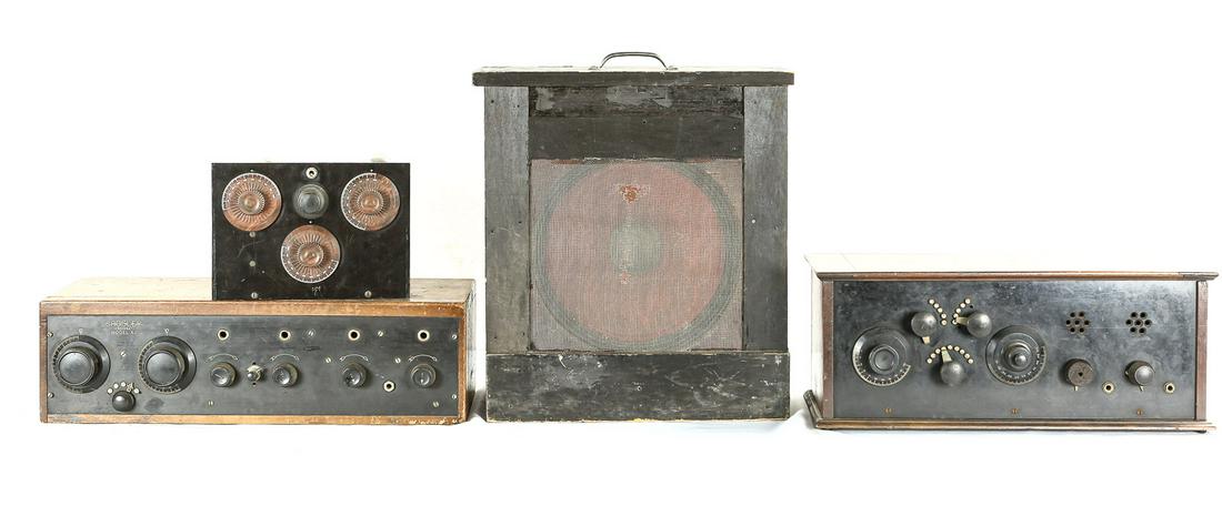 Lot of Vintage Radio Parts: Lot of Vintage Radio Parts. Includes Speaker in a homemade box. One Crosley Model XJ in fair condition. One homemade radio with no tubes. One unknown kit radio possibly from the 20s.