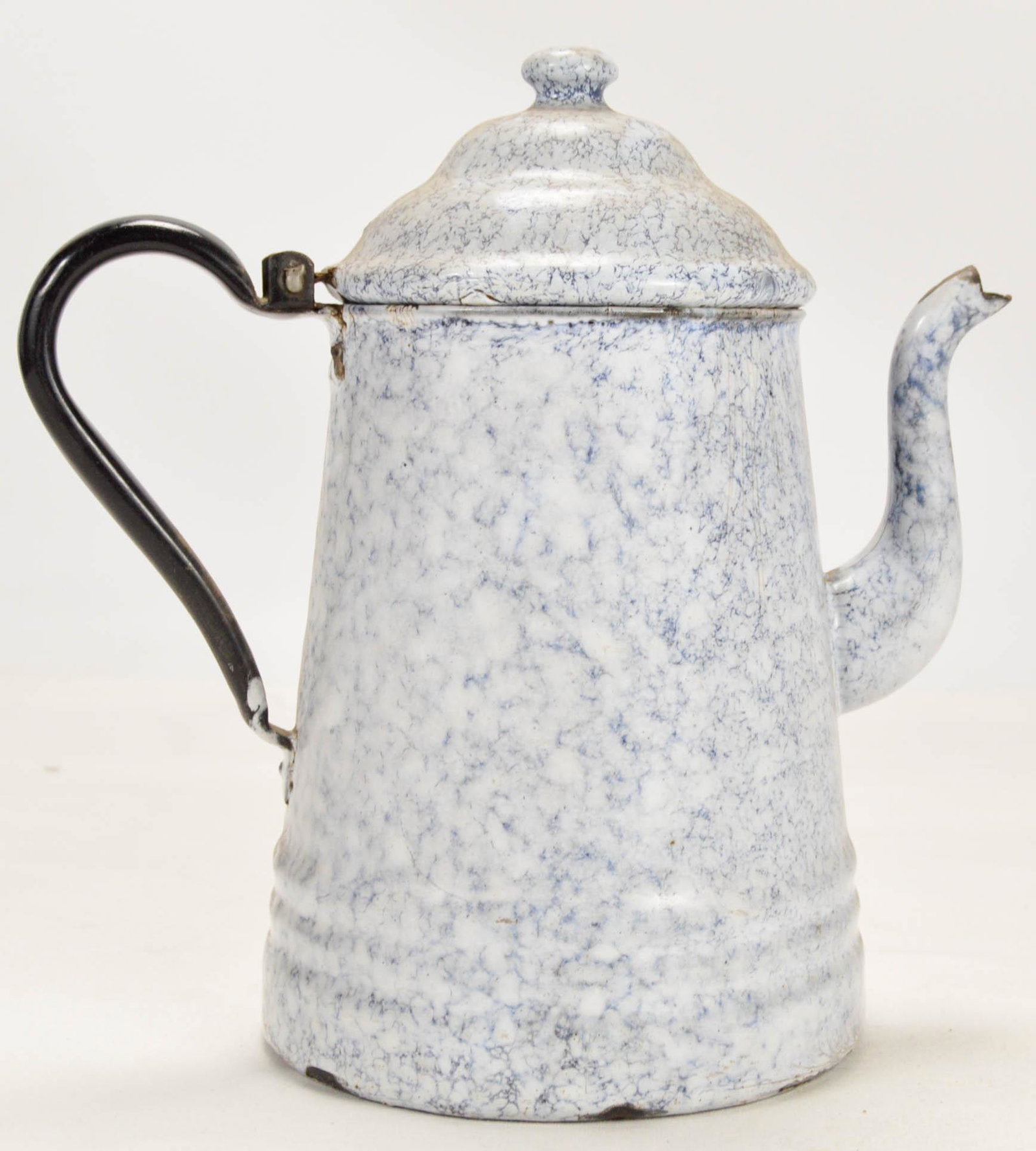 Graniteware Coffee Pot: Gray graniteware coffee poy with expected wear. Measures 10.75" tall