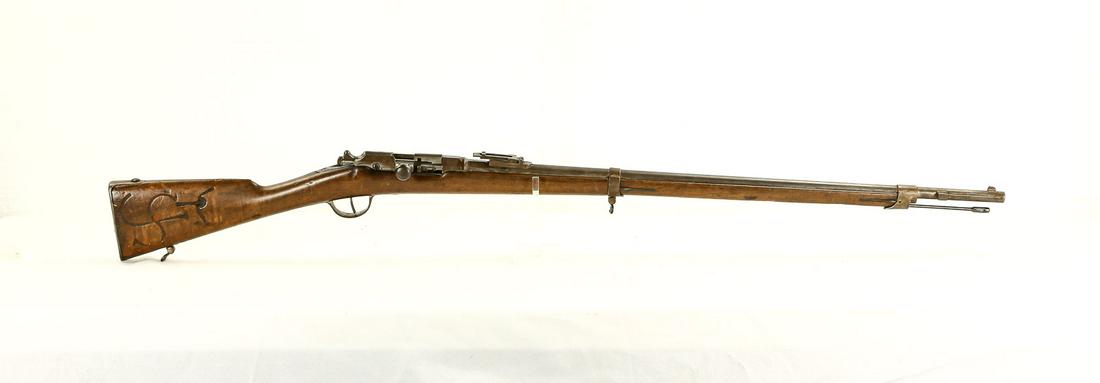 French Chassepot 1871 Needle Rifle 11MM French: Interesting antique rifle in fair condition. Numerous nicks and marks on stocks. Has sketches on rear stock. Bore is good but dirty, action is good. Has cleaning rod. SN C1881