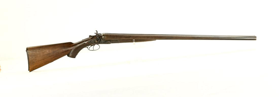 H. Richards 10 Gauge Shotgun: British made 10 Gauge sxs shotgun. Fair vintage condition. Bluing is well worn on metal. Both barrels have lots of surface rust and frosting. Functional rabbit ear hammers. Barrels are marked "laminat