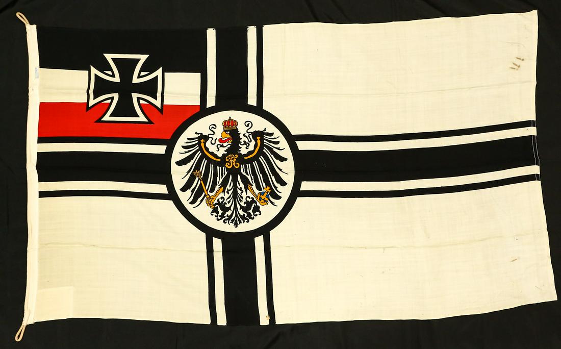 WWII German Battle Flag: WWII German Battle Flag. Made for veteran Navy personal during the Nazi period. Flag is marked with the Nazi Navy acceptance "Eagle M", makers tag and more on hem 100/170, etc. Unissued condition. col