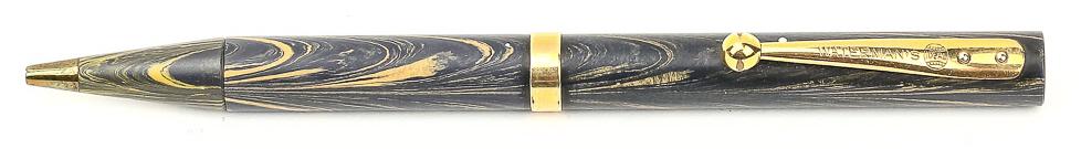 Waterman Blue/Green Ripple Pencil: Waterman pencil in blue-green ripple circa 1928. Gold trim. Overall very good condition. Measures 4.25"