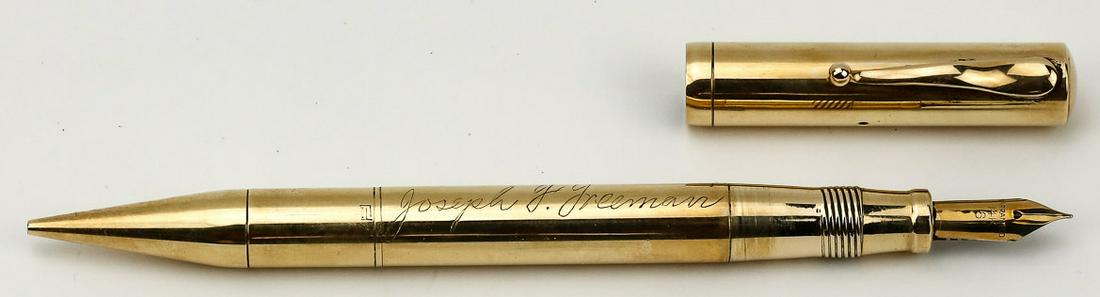 William S. Hicks & Sons 14K Tiffany FP/PCL: Combination fountain pen and pencil made by William S. Hicks & Sons for Tiffany circa late 1920s'. Lever fill, warranted #6 nib. Pen is marked 14K. Engraved Joseph J. Freeman. Overall excellent condit
