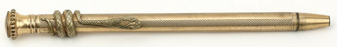 Hoge Mfg. Co. Stock Broker Gold Filled Pencil: Hoge Mfg. Co. New York Stock Broker Pencil in GF with snake clip circa 1920. Dings in barrel from use. Overall good condition. Comes with original box and instructions. Measures 5"