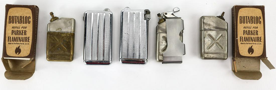 Parker Flaminaire Lighters & Parts (5): Lot of 5 Parker Flaminaire Lighters & Parts. Includes two complete, two butabloc refills, and one without an original box.