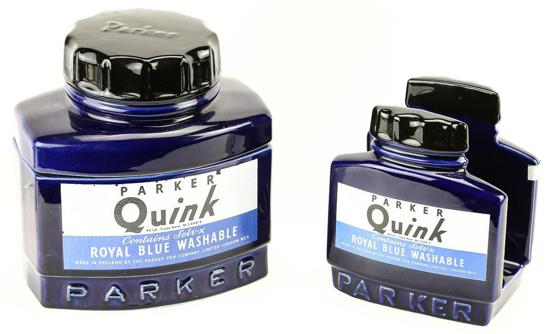 Parker Quink 2 Piece Dealer Display: Parker Quink 2 Piece Dealer Display. Includes a Quink shaped letter holder, and a Quick ink bottled shaped covered jar. Both are circa 1982, made under license of Parker Pen by Silver Crane Co.
